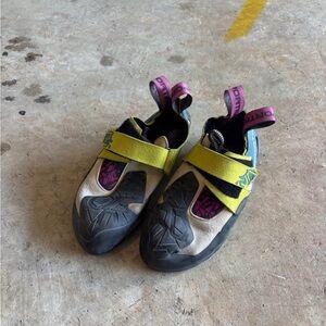 La Sportiva Climbing Shoes & Chalk Bag - Yellow, Black, and Pink